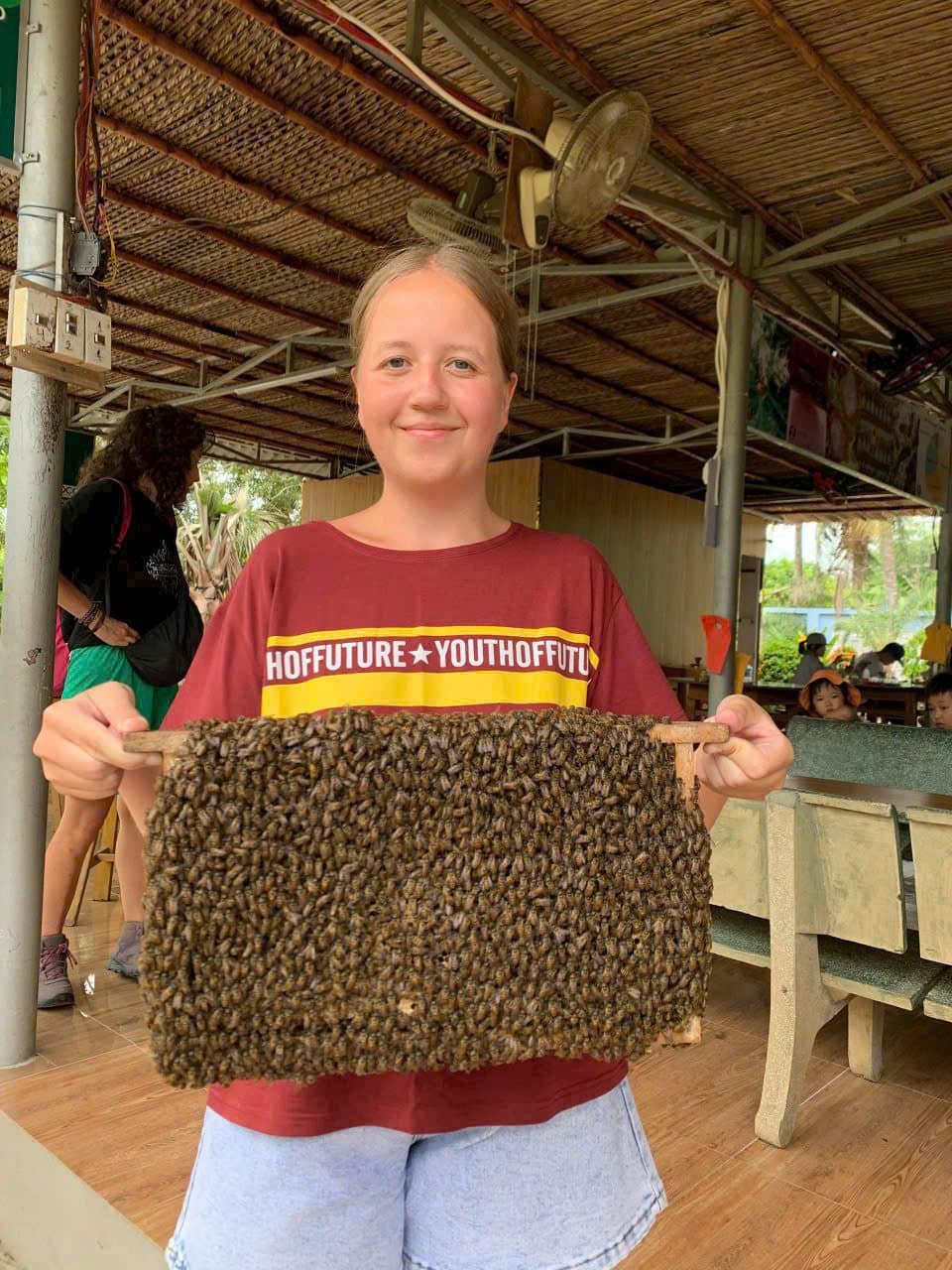 A guest holding up a full frame of honeycomb at the bee farm