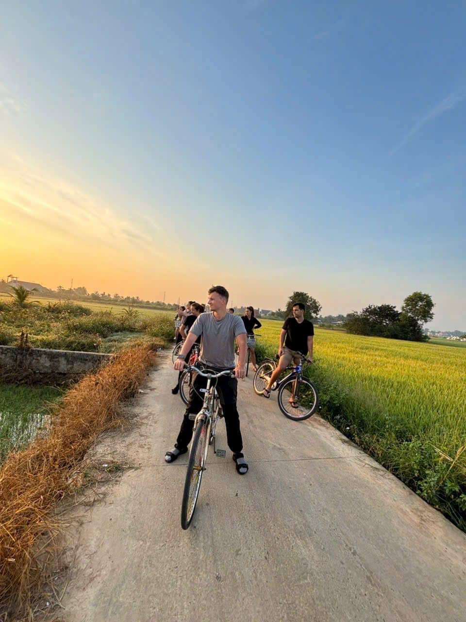 A cyclist alone on the dyke path between paddies at sunset