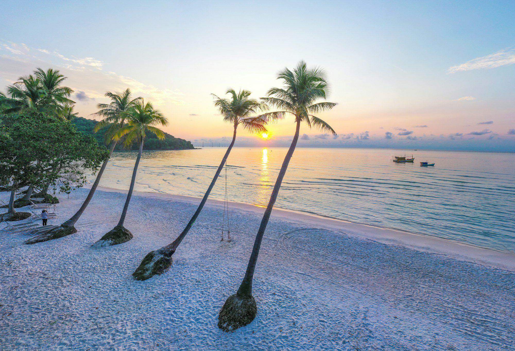 Leaning coconut palms and a rope swing on white sand as the sun sits low over the sea, Phu Quoc